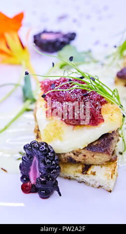 Die Foie gras mit Soße. Flache Freiheitsgrad. Stockfoto