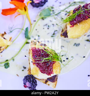 Die Foie gras mit Soße. Flache Freiheitsgrad. Stockfoto