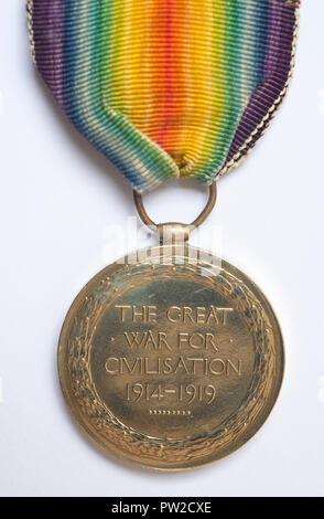 WW1 British Campaign Medal, die Britische Sieg Medaille auf einem weißen Hintergrund. Stockfoto