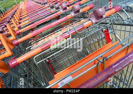 Nahaufnahme der Zeilen von Hunderten von Einkaufswagen im Supermarkt Vereinigtes Königreich Stockfoto