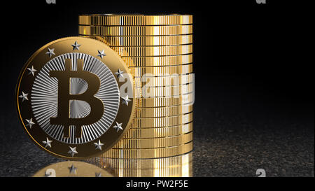 Golden Bitcoin auf dunklem Hintergrund - 3D-Rendering Stockfoto