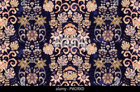 Die nahtlose Vektor Ornament mit orientalischem Muster mit Hand zeichnen Blumen. Floraler Tapete. Dekorative Ornament für Gewebe, Textil, Verpackung Papier. Rosa auf dunkelblau Stock Vektor