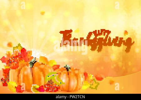 Happy Thanksgiving Hintergrund mit Herbst Gemüse und bunte Blätter. Vektor. Stock Vektor