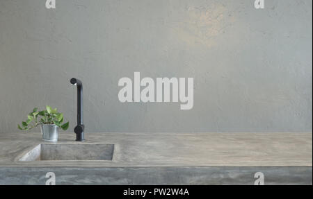 Moderne schwarze Hahn und Küche Waschbecken mit Zement Arbeitsplatten und grünes Gras. Stockfoto