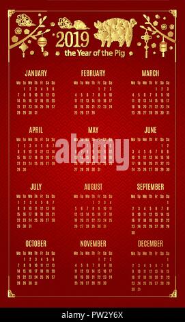 Kalender 2019, frohes neues Jahr, Chinesisches neues Jahr Grüße, Jahr des Schweins, Vermögen Stock Vektor