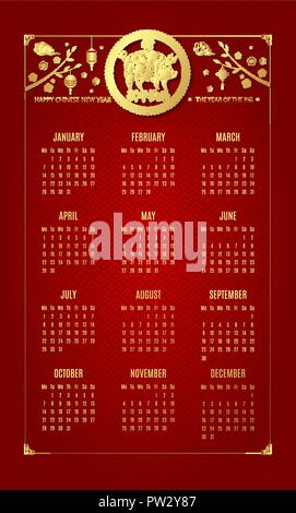 Kalender 2019, frohes neues Jahr, Chinesisches neues Jahr Grüße, Jahr des Schweins, Fortune, (Übersetzung: Frohes neues Jahr, Schwein) Stock Vektor