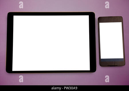Design Business Konzept Business ad für Web site Förderung Banner leer social media Ad. Weißer Bildschirm tablet Handy wichtige Nachrichten über Appli Stockfoto