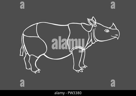 Rino ist mächtig große pflanzenfressende Säugetiere mit dicken Haut leben in Afrika und Asien. Vektor monochrome freehand Tinte gezeichnet Hintergrund Sketchy in der Kunst scr Stock Vektor