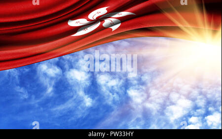 Die Flagge von Hong Kong in den Strahlen der Sonne, im Himmel, die Fotografie ist ein guter Platz für Ihren Text. Stockfoto