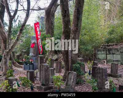 Überwucherten Friedhof, Gedenksteine, Jizo Statue, Landstraße 55, Kannoura zu Muroto, Kochi, Shikoku, Japan Stockfoto