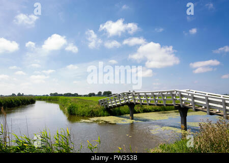 Typische holländische Landschaft mit grünen Wiesen, Gras, Holzbrücke, Wasser, blauer Himmel und Wolken Stockfoto