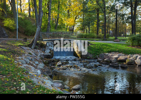 Stadt Riga, Lettland, Herbst. Arkadijas Park, gelb Bäume und Wasserfall, verlässt. Reisen Natur Foto 2018. Stockfoto