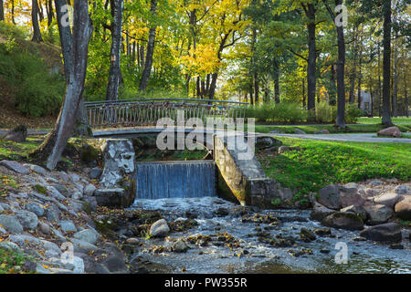 Stadt Riga, Lettland, Herbst. Arkadijas Park, gelb Bäume und Wasserfall, verlässt. Reisen Natur Foto 2018. Stockfoto