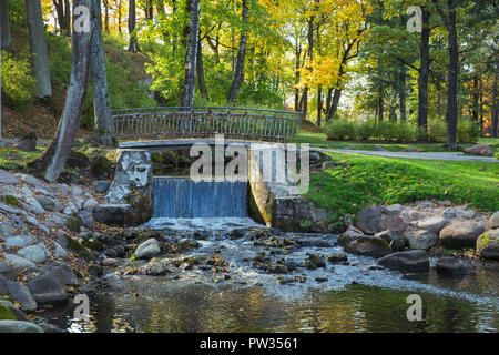 Stadt Riga, Lettland, Herbst. Arkadijas Park, gelb Bäume und Wasserfall, verlässt. Reisen Natur Foto 2018. Stockfoto