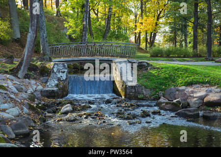 Stadt Riga, Lettland, Herbst. Arkadijas Park, gelb Bäume und Wasserfall, verlässt. Reisen Natur Foto 2018. Stockfoto