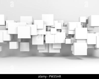 Abstrakte weißen Hintergrund mit der Installation von fliegenden Würfel im leeren Raum. 3D-Render Abbildung Stockfoto