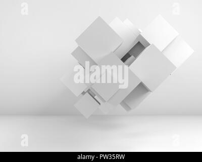 Abstrakte weißen Hintergrund mit Installation der white cubes im leeren Raum. 3D-Render Abbildung Stockfoto