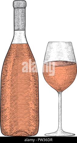 Flasche Rotwein mit Glas. Hand Skizze gezeichnet Stock Vektor