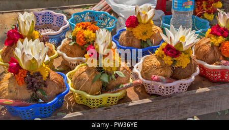 CHAMUNDI HILL MYSORE INDIEN heilige Stätte KOKOSNÜSSE LOTUS UND RINGELBLUME BLUME TEMPEL ANGEBOTE ZUM VERKAUF Stockfoto