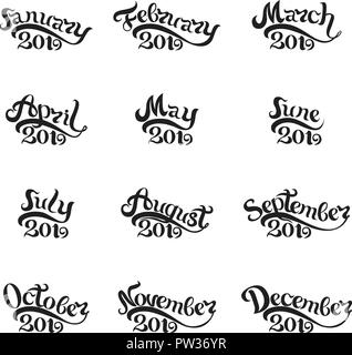 Die Namen aller Monate 2019 von Hand geschrieben. Schriftzug. Schönen Buchstaben auf weißem Hintergrund. Isolierte Bild für Einladungen, Kalender, t-shirt Drucken Stock Vektor
