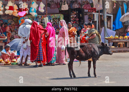 CHAMUNDI HILL MYSORE INDIEN heilige Stätte Pilger und Läden, die TEMPEL ANGEBOTE MIT EINEM KALB AUF DER STRASSE Stockfoto