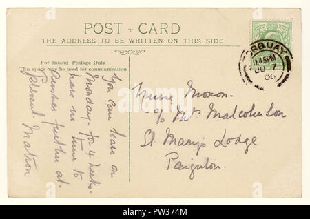 Umkehren des Edwardianischen Postkarte Poststempel, Torquay, Devon, UK veröffentlicht am 7. Juni 1906 Stockfoto