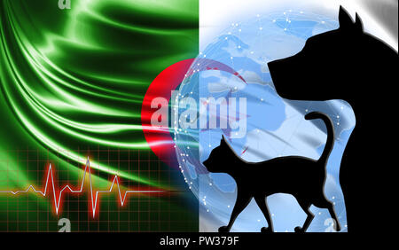 Schwarze Katze und Hund auf dem Hintergrund der Flagge von Algerien. Hilfe in Notfällen für Haustiere. Tierklinik. Stockfoto