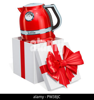 Wasserkocher, Retro Design in Geschenkbox. 3D-Rendering auf weißem Hintergrund Stockfoto