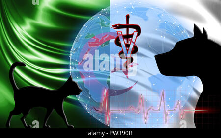 Schwarze Katze und Hund auf dem Hintergrund der Flagge von Algerien. Hilfe in Notfällen für Haustiere. Tierklinik. Stockfoto