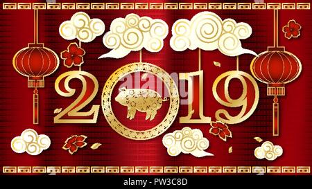 Happy Chinese New Year 2019 Sternzeichen mit gold Papier Kunst und Handwerk Stil auf farbigem Hintergrund Stock Vektor