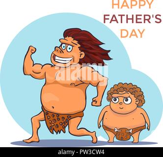 Hand gezeichneten Karikatur Steinzeit Vater und Baby. Happy Vatertag. Vektor Stock Vektor