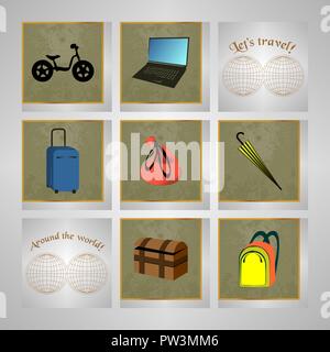 Reisen Symbol auf grau und Karte festlegen Stock Vektor