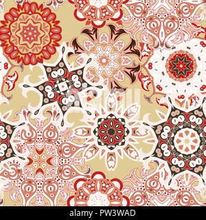 Nahtlose mehrfarbige Muster mit orientalische Mandalas. Islam, arabische, asiatische Motive. Kaleidoskop Elemente. Vintage lace Stimmung. Fabric, Tapeten oder wrap Drucken Stock Vektor