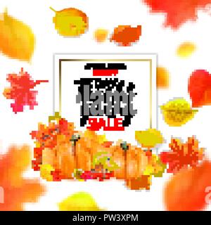 Thanksgiving verkauf Banner. Vektor Kürbisernte Ahorn, Eiche Blatt oder Rowan berry für Herbst verkauf Design. Stock Vektor