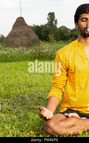 Hälfte - Blick auf entspannt Inder üben Lotussitz im Gras mit natürlichen Hintergrund Stockfoto