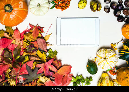 Moody Herbst Hintergrund Bild mit bunten Blättern, Kürbis, Kastanien mit weißen leere Tablet mit Freiraum für Nachricht als Vorlage Stockfoto
