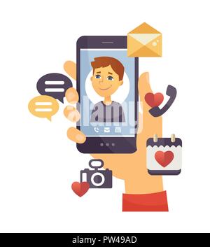 Sohn Berufung - moderne Vektor Zeichentrickfigur Abbildung auf weißen Hintergrund. Hochwertige Komposition mit Hand Smartphone mit einem süßen Boy Stock Vektor