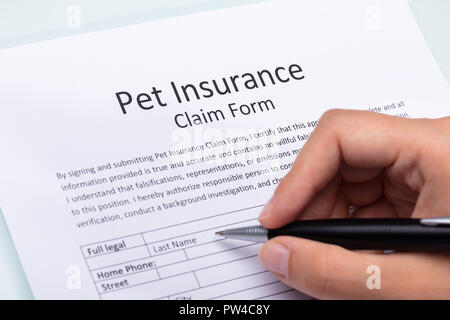 Nahaufnahme von einer Frau Hand Abfüllen Pet Insurance Form mit Stift Stockfoto