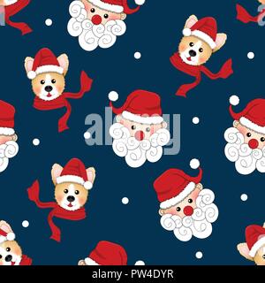 Santa Claus und Corgi mit rotem Schal auf Indigo blauen Hintergrund. Vector Illustration. Stock Vektor