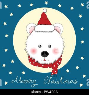 Weißer Bär Weihnachtsmann mit rotem Schal Polka Dot Grußkarte. Vector Illustration. Stock Vektor
