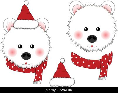 Weißer Bär Weihnachtsmann mit rotem Schal Polka Dot. Vector Illustration. Stock Vektor