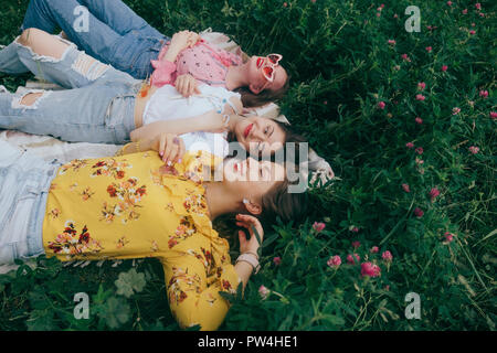 Hohe Betrachtungswinkel von Happy weibliche Freunde liegen auf Feld inmitten von Pflanzen im Wald Stockfoto