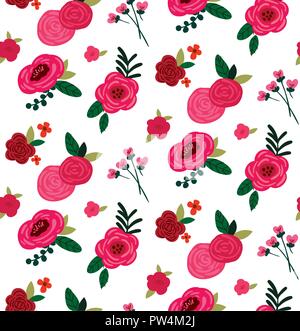 Vektor roten und rosa Rosen Blumenstrauß nahtlose Muster auf weißem Hintergrund. Perfekt für Gewebe, Quilten, Scrapbook Papier, Tapeten und Kunsthandwerk Stock Vektor