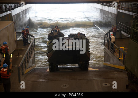 Us-Marines mit 2 Amphibisches Battalion, 2nd Marine Division, Durchführung gut deck Operationen an Bord der USS New York (LPD-21) zur Unterstützung der Trident Punkt 18, Okt. 3, 2018. Trident Zeitpunkt wird der 24. Marine Expeditionary Unit als Marine Air Ground Task Force in einzigartigen Umgebungen zur Unterstützung der Partnerstaaten zu trainieren. (U.S. Marine Corps Foto von Cpl. Dominic Littleton) Stockfoto