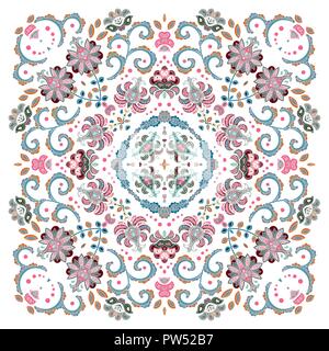 Echte Seide Schal oder Halstuch square pattern Design im östlichen Stil für den Druck auf Stoff, Vector Illustration. Pastell zarte Fantasie Blume auf weißem Hintergrund. Stock Vektor