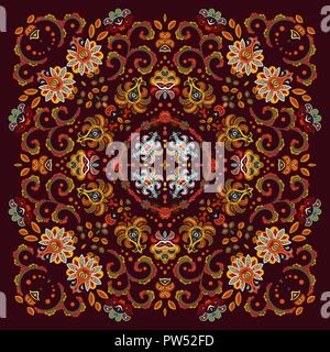 Echte Seide Schal oder Halstuch square pattern Design im östlichen Stil für den Druck auf Stoff, Vector Illustration. Warme Farben fantasie Blume auf Weinig im Hintergrund. Stock Vektor