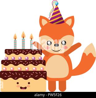 Cute Fox und Kuchen kawaii Geburtstag Stock Vektor