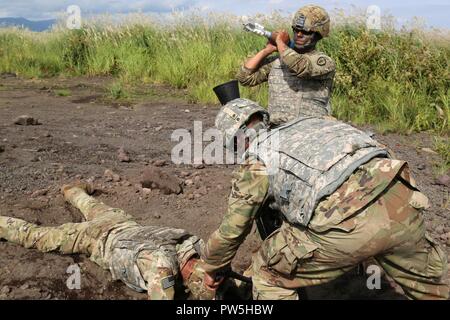 Lager FUJI, JAPAN (Sept. 19, 2017) US-Armee SPC. Alexis TIRADO, ein mortarman aus der Zentrale, die Konzernzentrale, 3.Bataillon, 21 Infanterie Regiment, 1 Stürmer Brigade Combat Team, 25 Infanterie Division, Lasten ordnance in eine 81 mm Mörser Rohr als Teil der Übung Orient Shield 2017 am Lager Fuji, Japan, Sept. 19, 2017. Die Übung ist so konzipiert, den USA und Japan zur Bekämpfung der Bereitschaft und der Interoperabilität auf der taktischen Ebene zu verbessern, während der Ausbau der bilateralen Beziehungen und die Demonstration USA lösen die sicherheitspolitischen Interessen von Freunden und Verbündeten in der Region zu unterstützen. Stockfoto