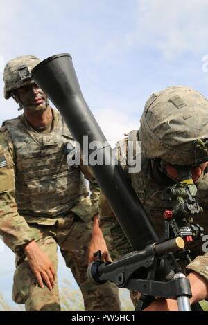 Lager FUJI, JAPAN (Sept. 19, 2017) US-Armee Pfc. Christopher Rodgers, ein mortarman aus der Zentrale, die Konzernzentrale, 3.Bataillon, 21 Infanterie Regiment, 1 Stürmer Brigade Combat Team, 25 Infanterie Division kalibriert eine Sicht auf ein 81 mm Mörser vor dem Feuern während Pfc. Tristen Ruef beobachtet als Teil der Übung Orient Shield 2017 am Lager Fuji, Japan, Sept. 19, 2017. Die Übung ist so konzipiert, den USA und Japan zur Bekämpfung der Bereitschaft und der Interoperabilität auf der taktischen Ebene zu verbessern, während der Ausbau der bilateralen Beziehungen und demonstrieren in den USA lösen, um die Sicherheitsinteressen o-Unterstützung Stockfoto