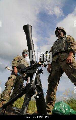 Lager FUJI, JAPAN (Sept. 19, 2017) US-Armee Pfc. Christopher Rodgers (links) und Pfc. Tristen Ruef, mortarmen aus der Zentrale, die Konzernzentrale, 3.Bataillon, 21 Infanterie Regiment, 1 Stürmer Brigade Combat Team, 25 Infanterie Division, bereiten Sie eine 81 mm Mörser Runde während eines Live Fire Training als Teil der Übung Orient Shield 2017 am Lager Fuji, Japan, Sept. 19, 2017 zu laden. Die Übung ist so konzipiert, den USA und Japan zur Bekämpfung der Bereitschaft und der Interoperabilität auf der taktischen Ebene zu verbessern, während der Ausbau der bilateralen Beziehungen und die Demonstration der US-Lösung die Sicherheit int zu unterstützen. Stockfoto